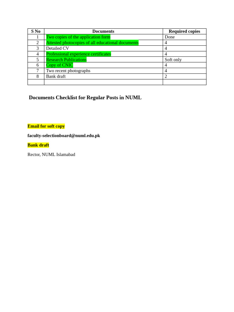 NUML Faculty Application Document Checklist | PDF