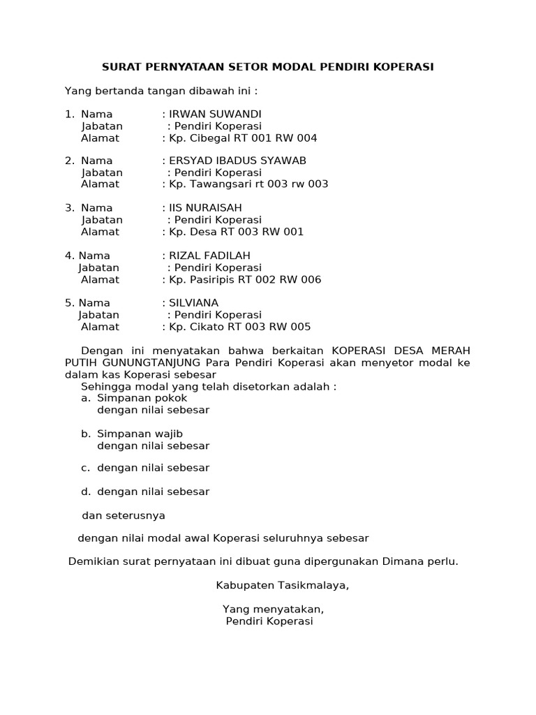 Surat Pernyataan Setor Modal Koperasi | PDF