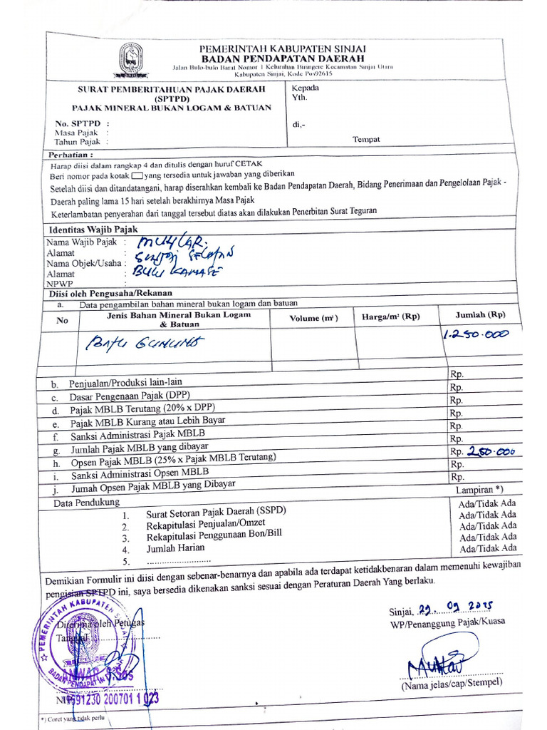 Surat Pemberitahuan Pajak Daerah Kab. Sinjai | PDF