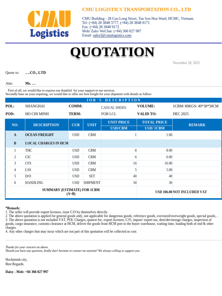 Freight Quotation for Casual Shoes Shipment | PDF | Cargo | Freight ...