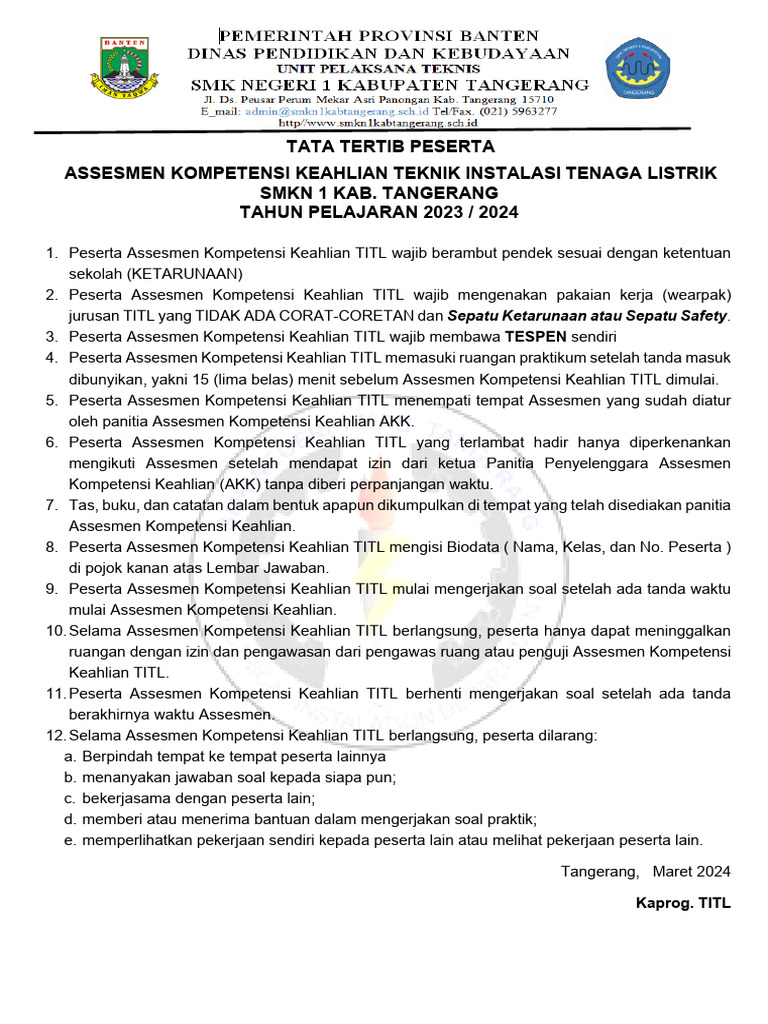 Tata Tertib Assesmen TITL SMKN 1 Tangerang | PDF