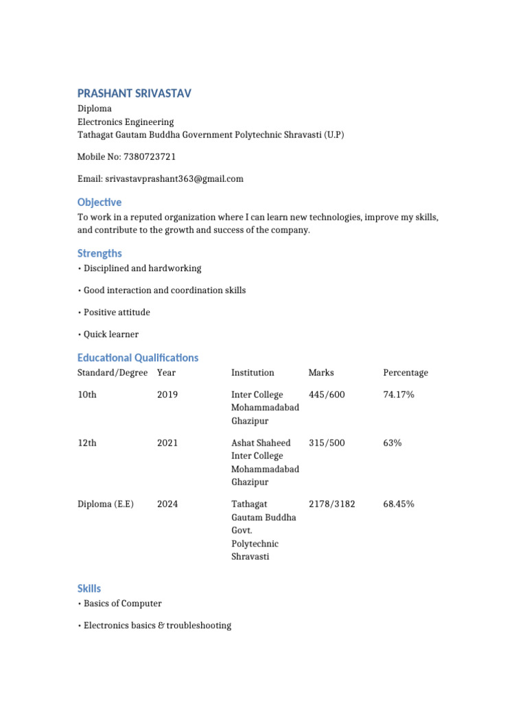 Prashant Srivastav - Electronics Engineer CV | PDF