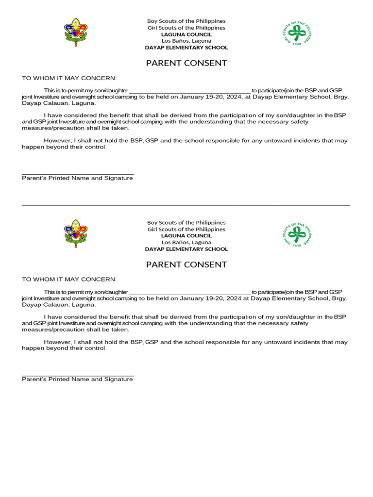 Parent Consent for BSP-GSP Camping Event | PDF