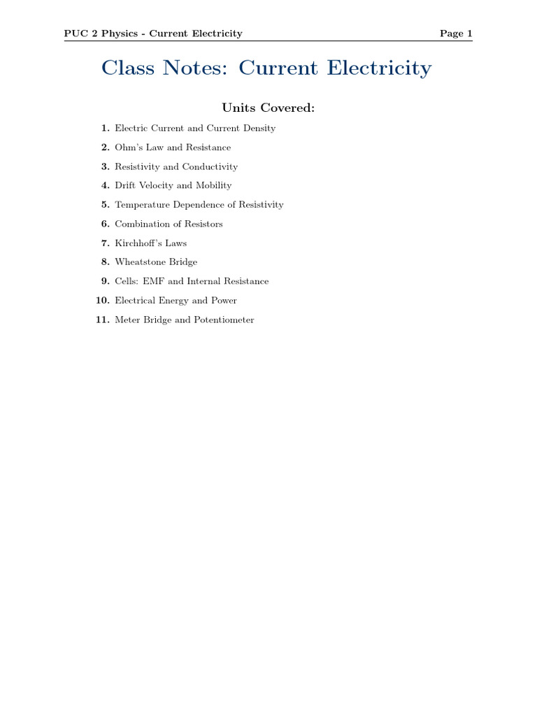 Current Electricity Notes | PDF | Electrical Resistivity And ...