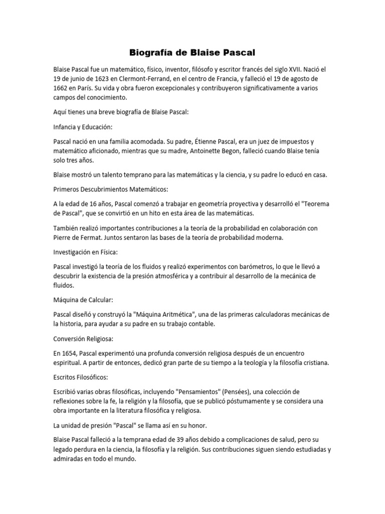 Biografía y legado de Blaise Pascal PDF — free download