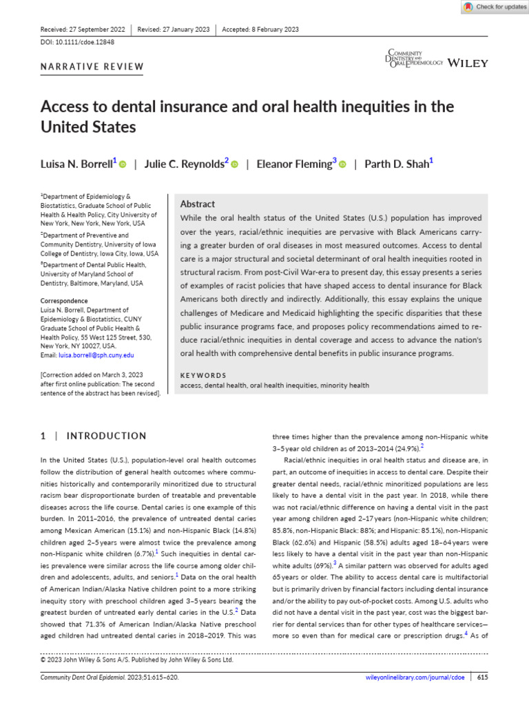 Comm Dent Oral Epid - 2023 - Borrell - Access To Dental Insurance and ...
