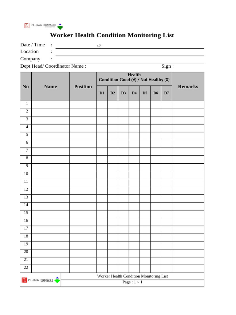 Worker Health Monitoring Checklist | PDF