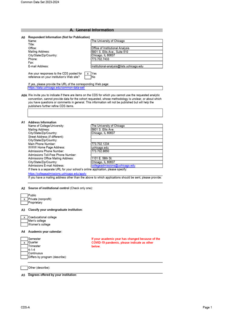 University of Chicago Common Data Set 2023-2024 | PDF | Act (Test ...