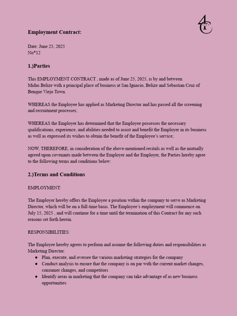 Marketing Director Employment Contract | PDF | Employment | Indemnity