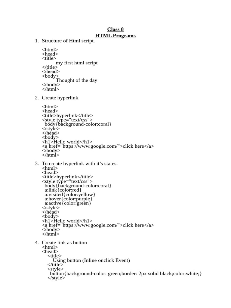 HTML Programming Basics for Class 8 | PDF
