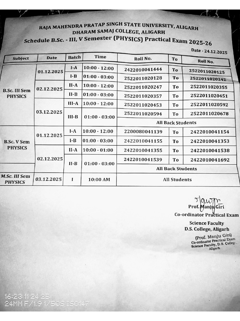 Physics Practical Schedule B.SC - IIIrd and VTH Sem M.sc. - IIIrd Sem | PDF