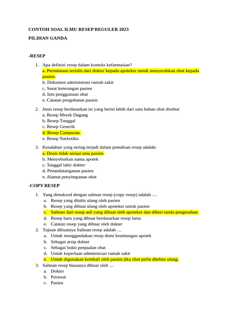Soal Resep Kefarmasian 2023 | PDF