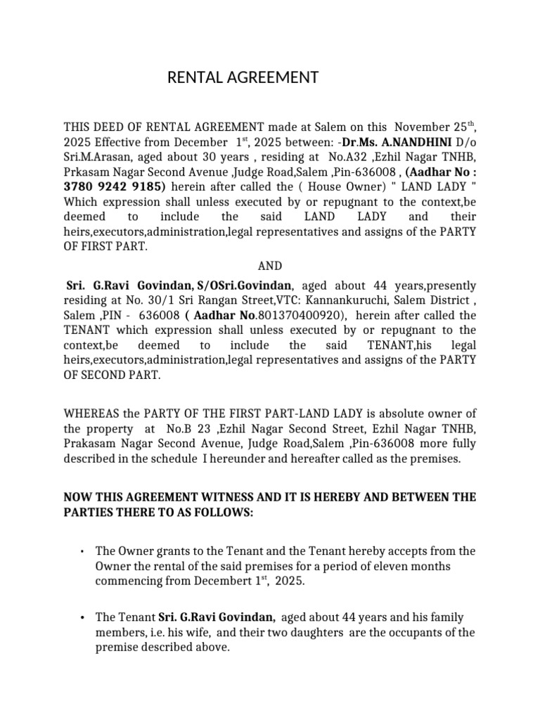 Rental Agreement NANDHINI Dec 2025 | PDF | Civil Law (Common Law ...