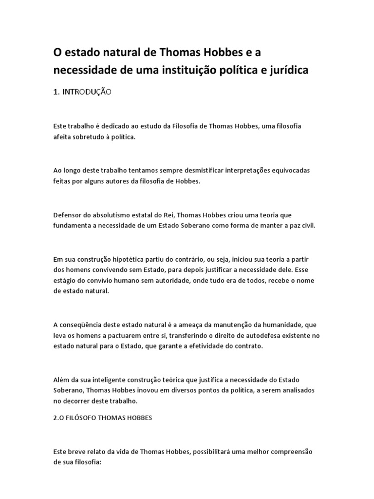 O Estado Natural de Thomas Hobbes e A Necessidade de Uma Instituição ...