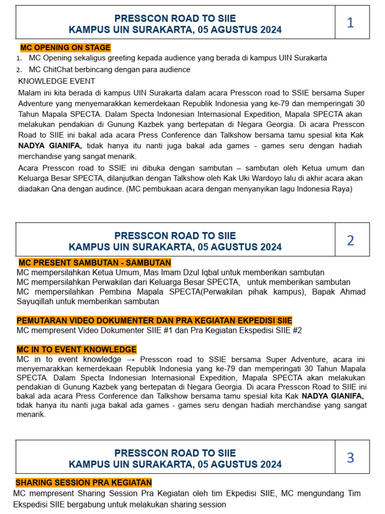 Script MC Presscon Road To Siie 5 Agustus 2024 | PDF