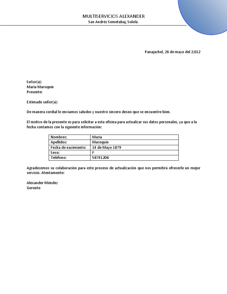 Carta Solicitud Actualizacion