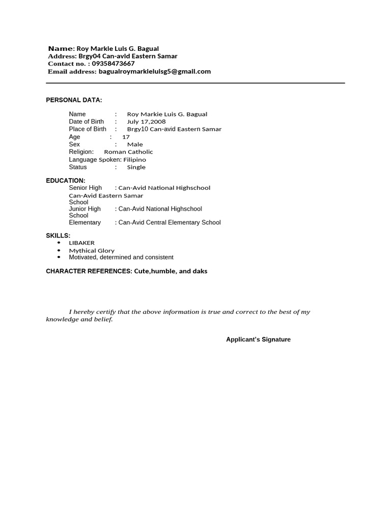Work Immersion Resume Sample | PDF