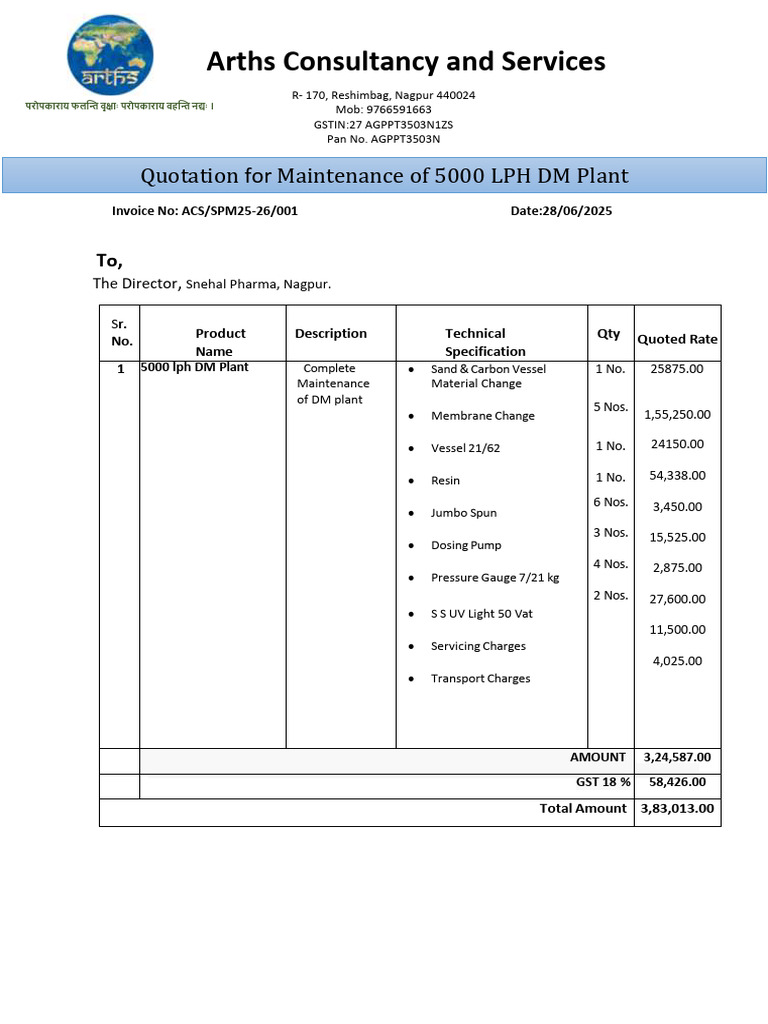 Quotation for DM Plant Maintenance Services | PDF | Receipt | Taxes
