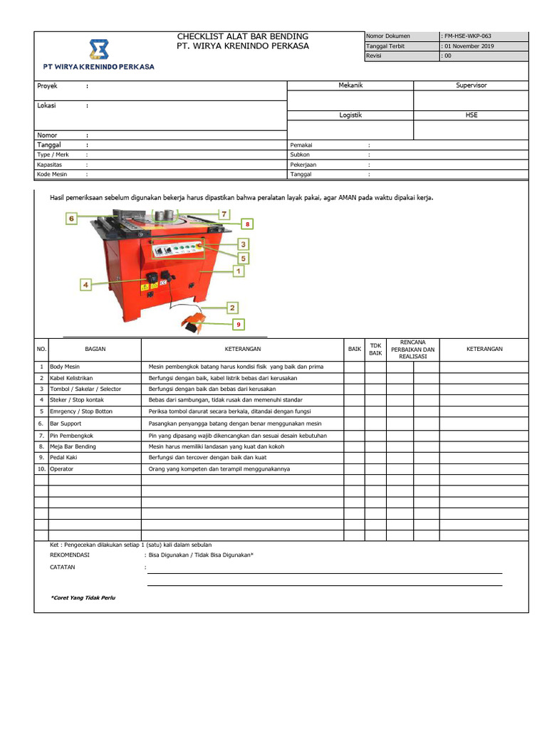 Checklist Keamanan Mesin Bar Bending | PDF