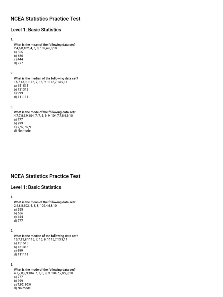 NCEA Level 1 Statistics Practice Test | PDF | Skewness | Normal ...