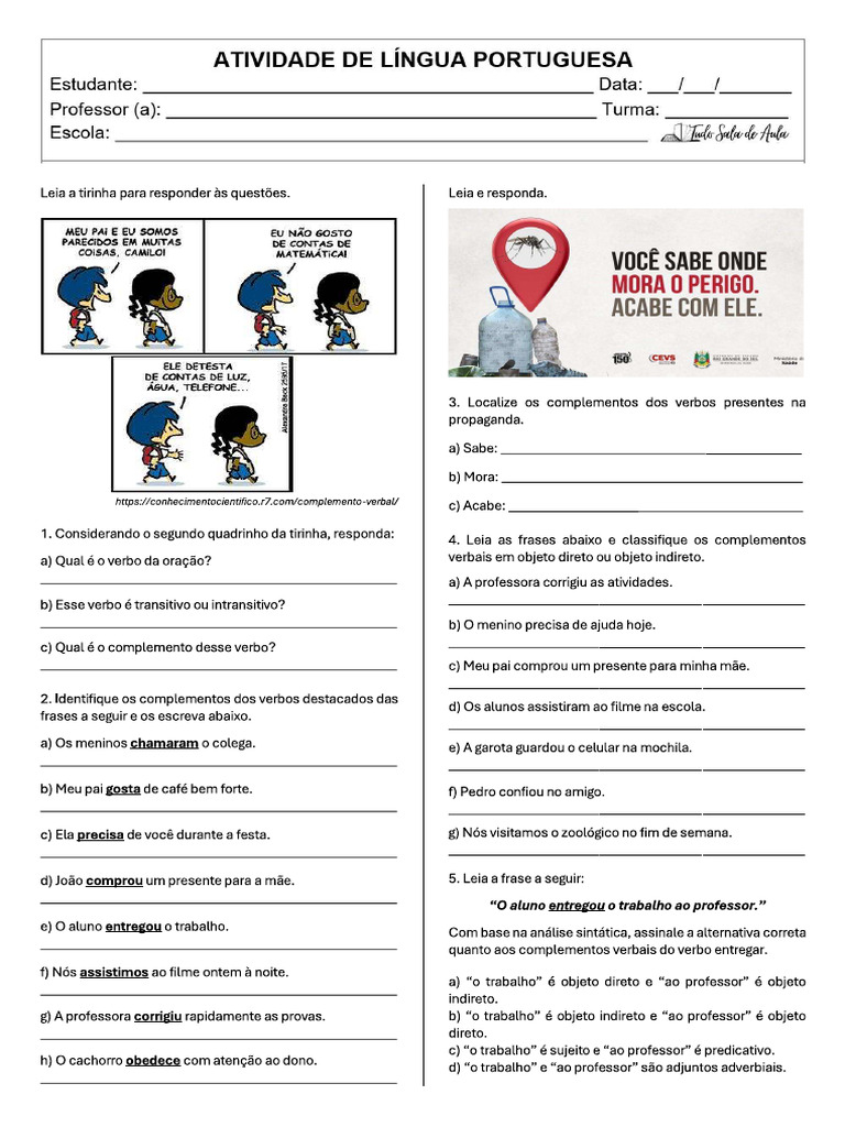Atividade 8 Ano Complemento Verbal | PDF