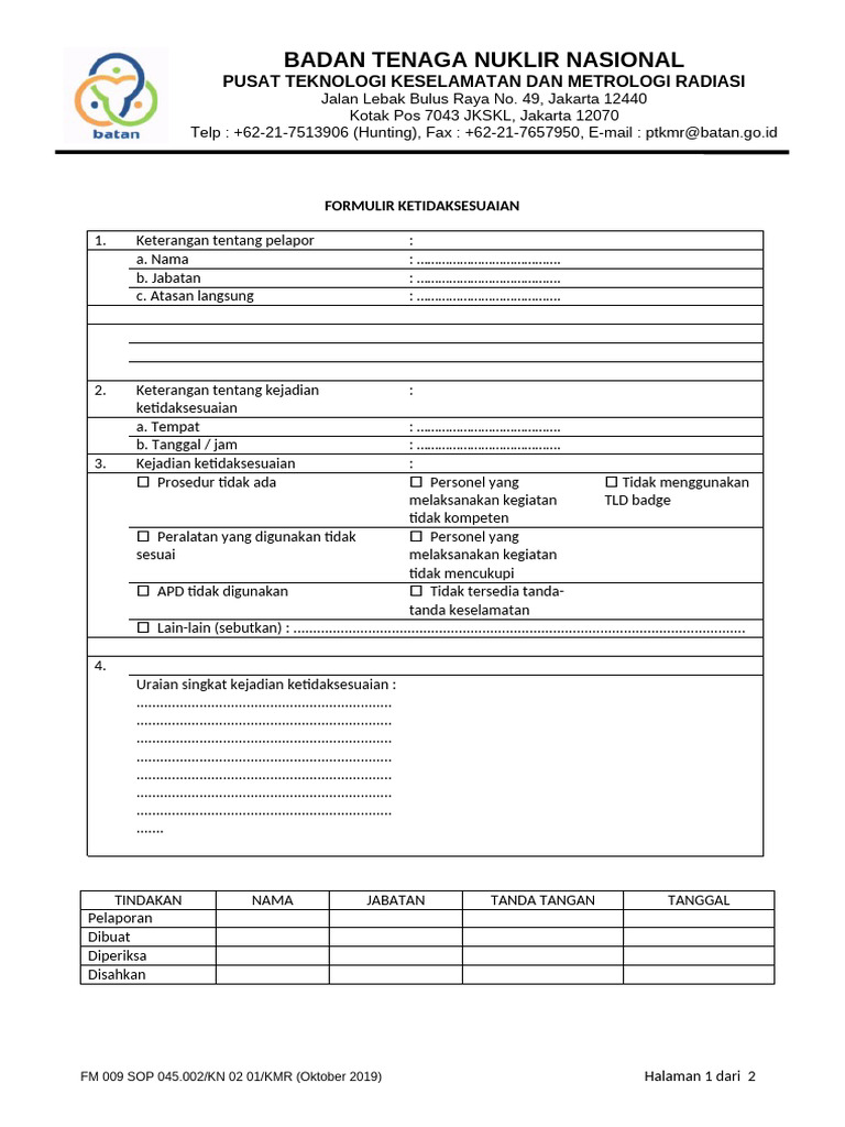 FM 009 SOP 045.002 KMR Pelaporan Ketidaksesuaian 25 Okt 2019 | PDF