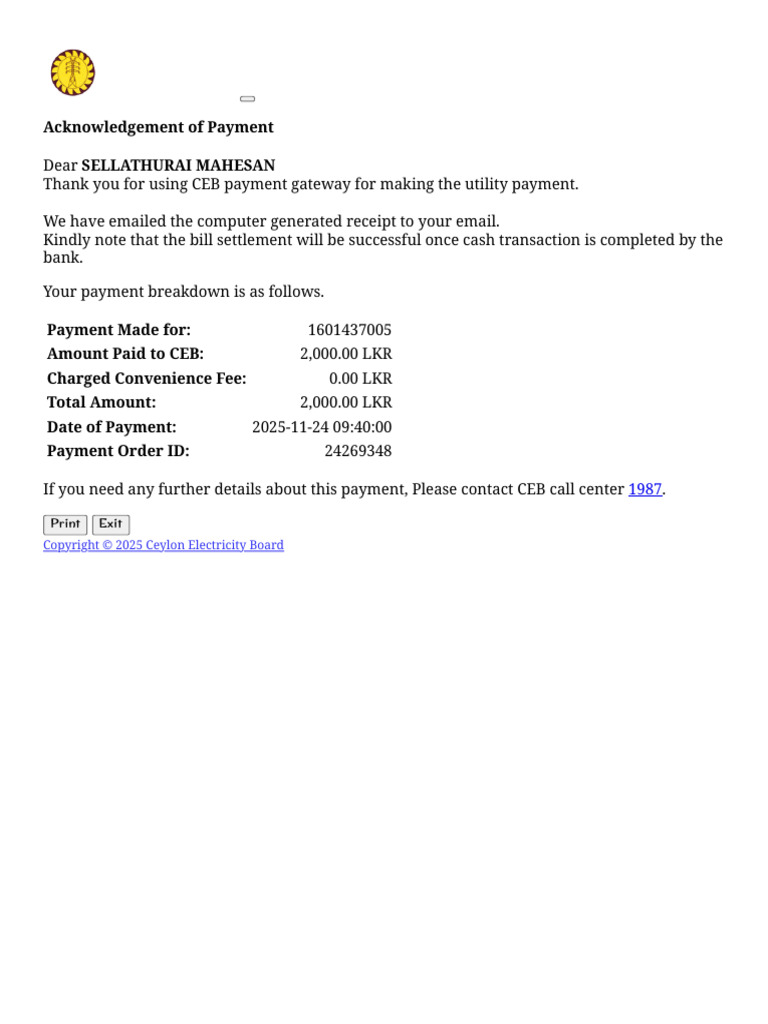 CEB Payment Acknowledgement Receipt | PDF