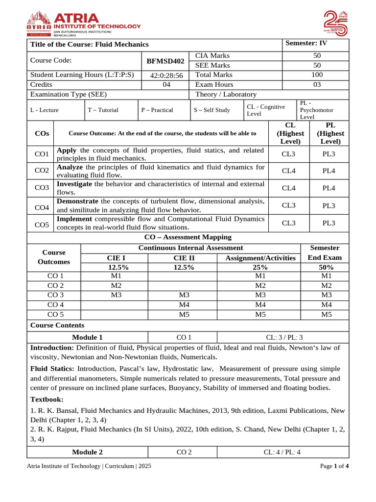 Fluid Mechanics Course Overview | PDF | Fluid Mechanics | Pressure