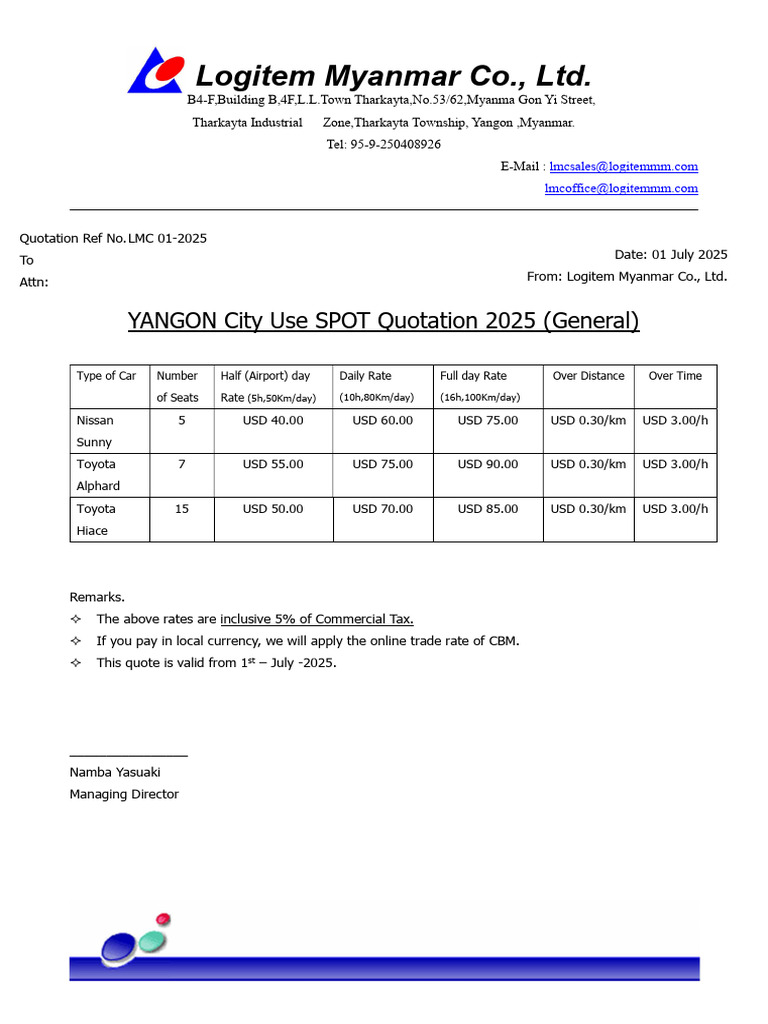Yangon Car Rental Quotation 2025 | PDF