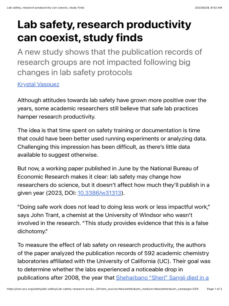 Lab Safety, Research Productivity Can Coexist, Study Finds | PDF | Science