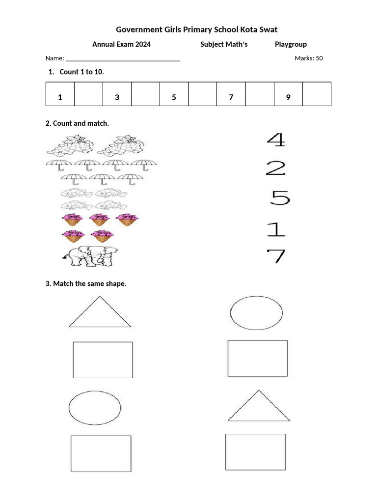 Annual Math Exam 2024: Playgroup | PDF