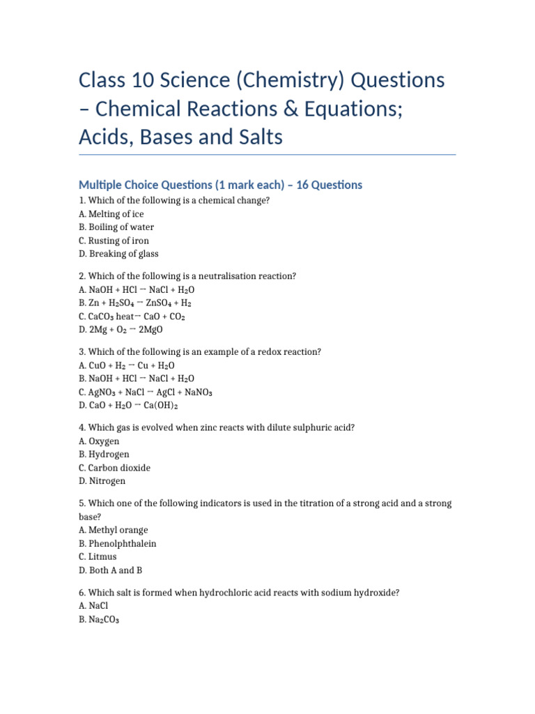 Class 10 Chemistry MCQs on Reactions | PDF | Acid | Sodium Hydroxide