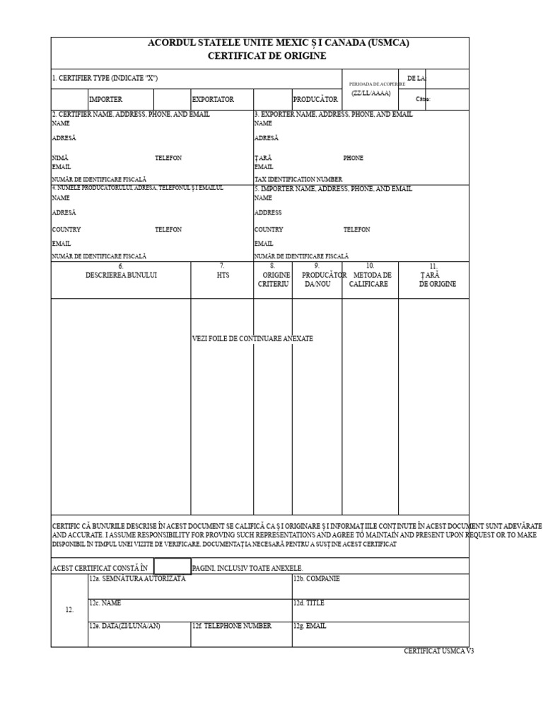 USMCA Certificat de Origină Formular Șablon Actualizat 21 10 2021 | PDF