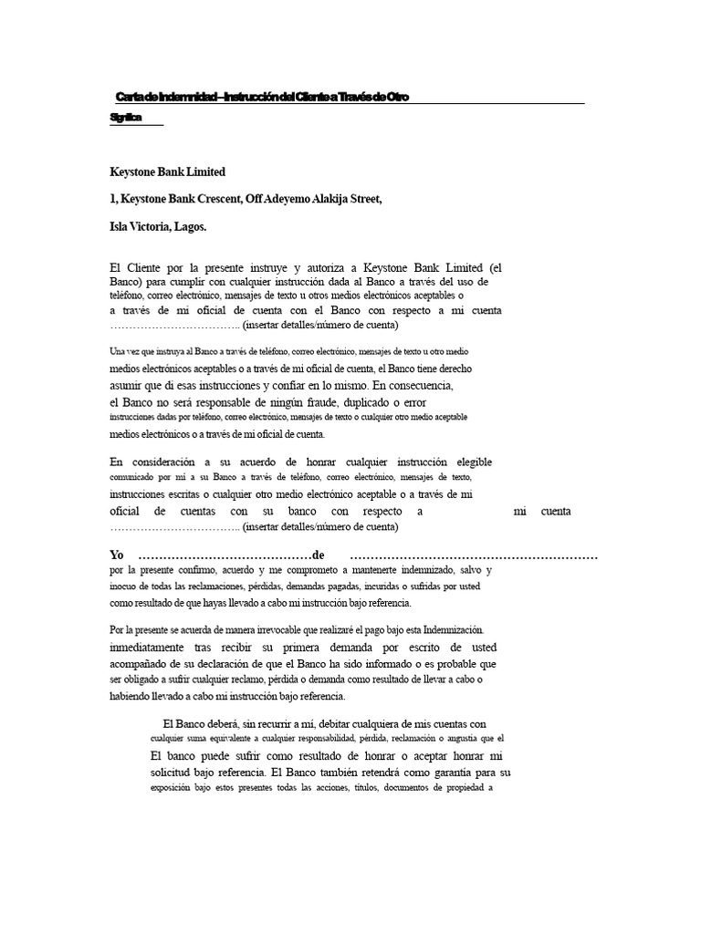 Indemnización para Instrucciones Bancarias | PDF | Bancos | Daños y ...