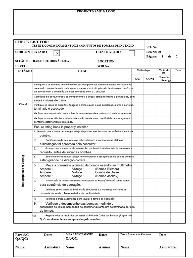 Checklist de Teste de Bombas de Incêndio | PDF | Eletricidade