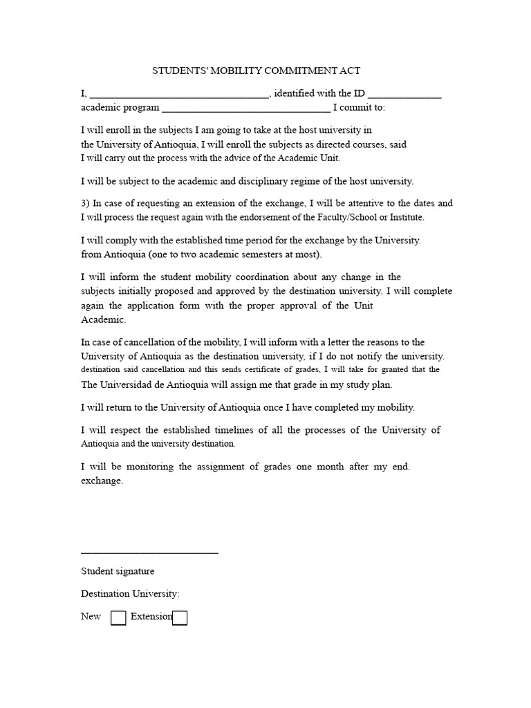Students' Mobility Commitment Agreement | PDF