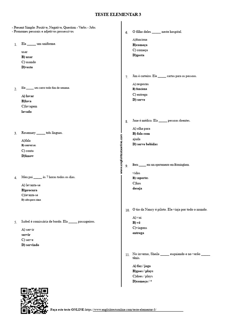 Teste de Inglês Elementar 3 Online | PDF