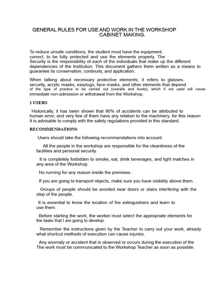 Workshop Safety Rules for Cabinet Making | PDF | Noise | Screw