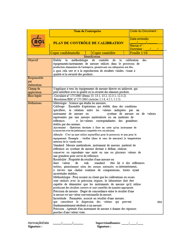 Plan de Contrôle de Calibration des Équipements | PDF | Calibrage ...