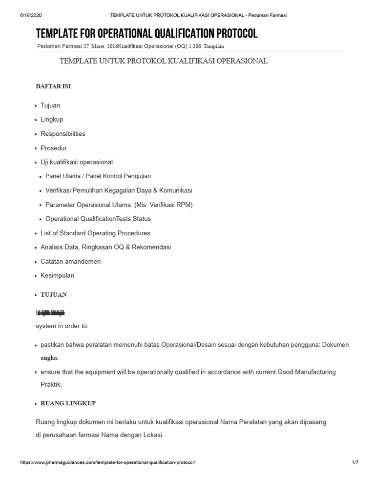 Template Protokol Kualifikasi Operasional | PDF