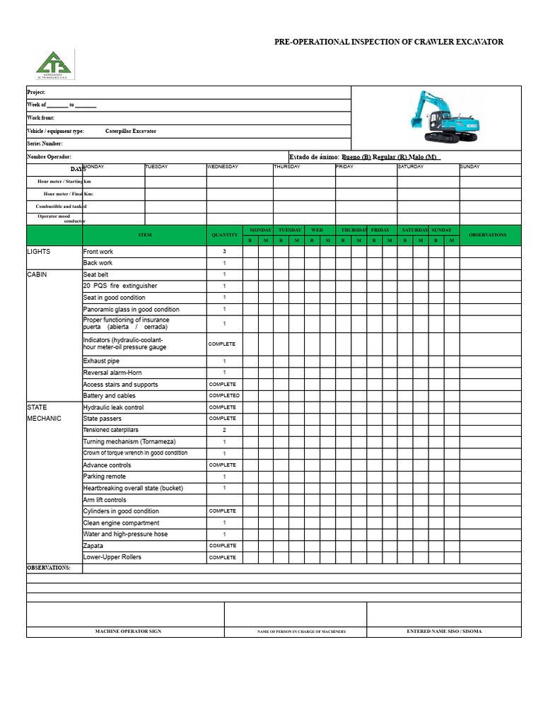 Crawler Excavator Pre-Operational Checklist | PDF | Mechanical ...