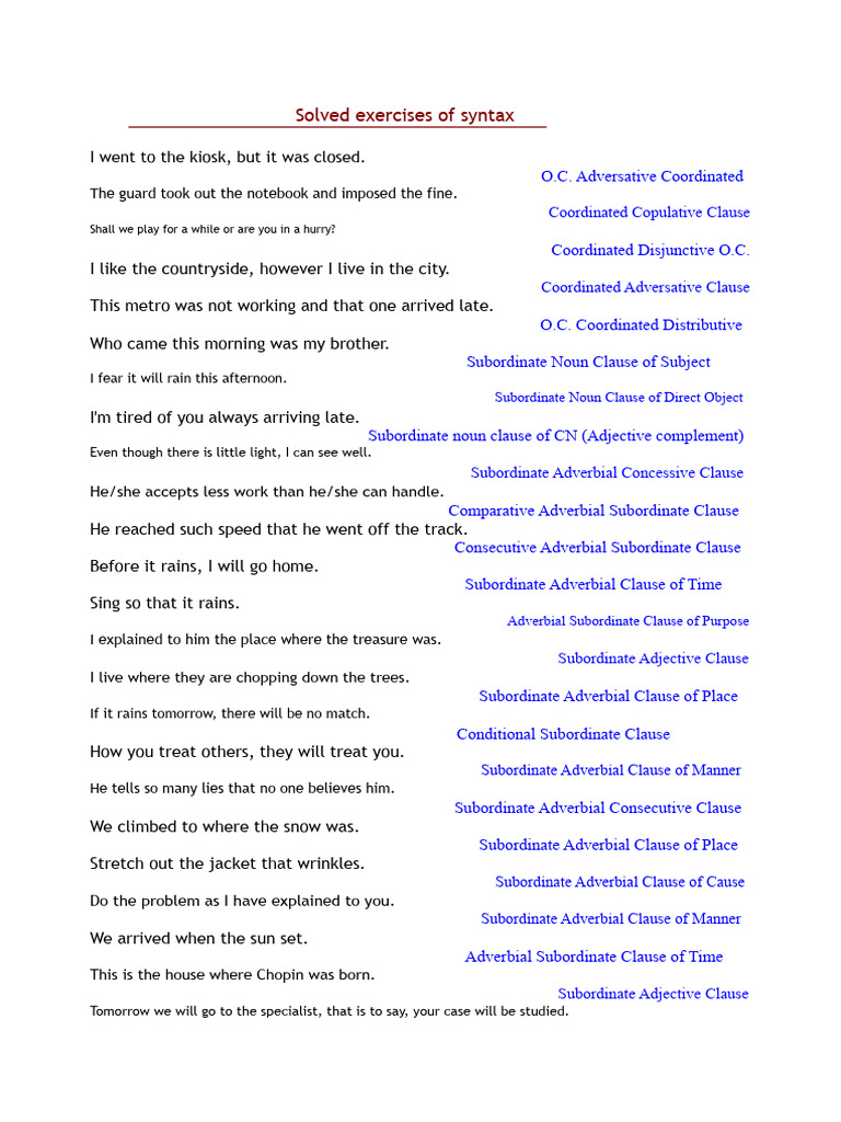 Syntax Exercises and Solutions Guide | PDF | Clause | Pronoun