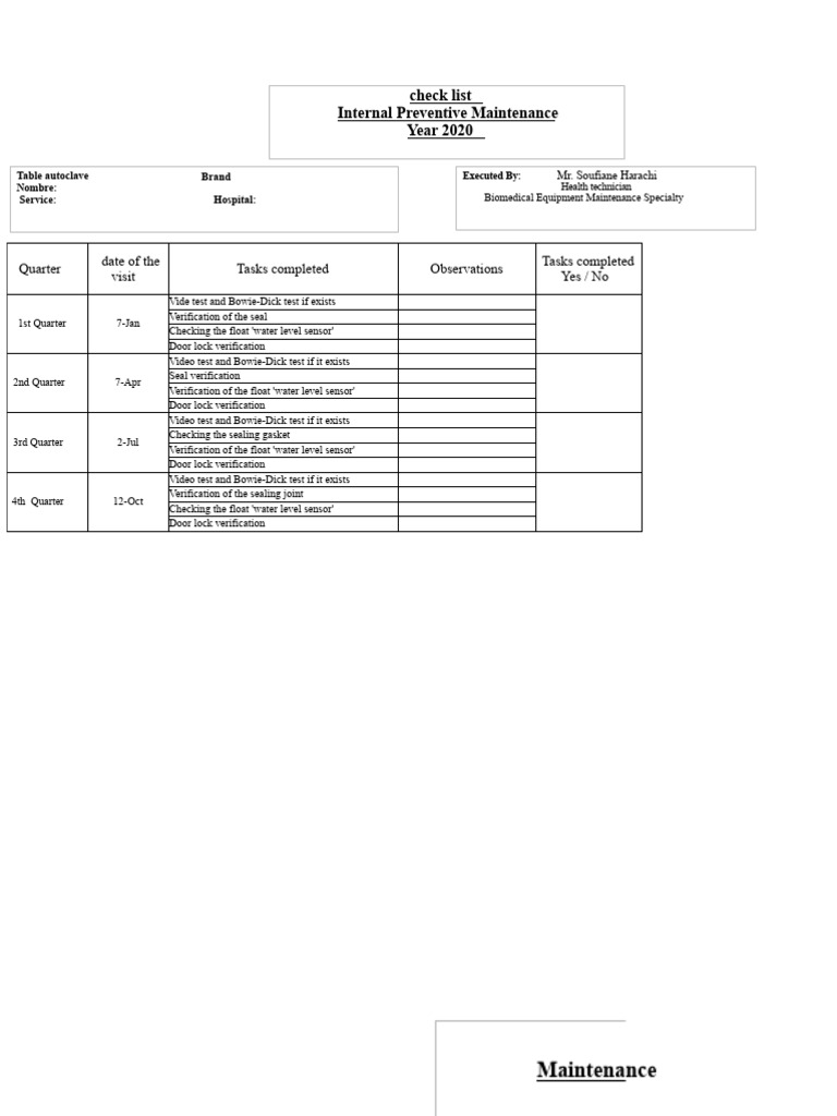 2020 Biomedical Equipment Maintenance Checklist | PDF | Mechanical ...