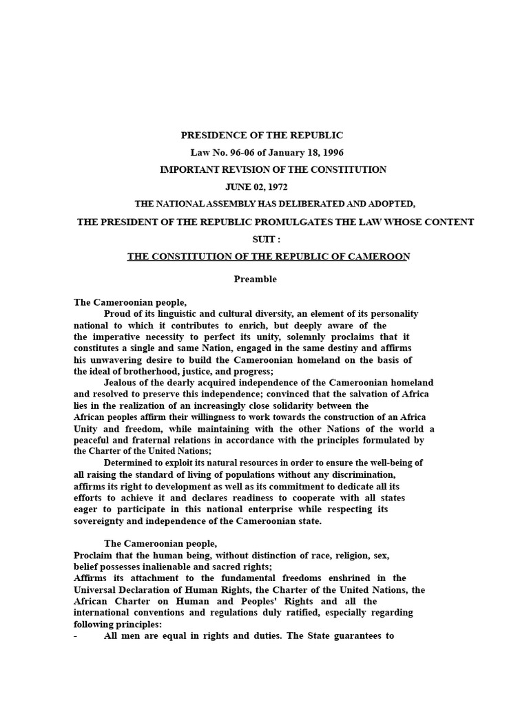 Cameroon Constitution Overview and Rights | PDF | Ratification | Treaty