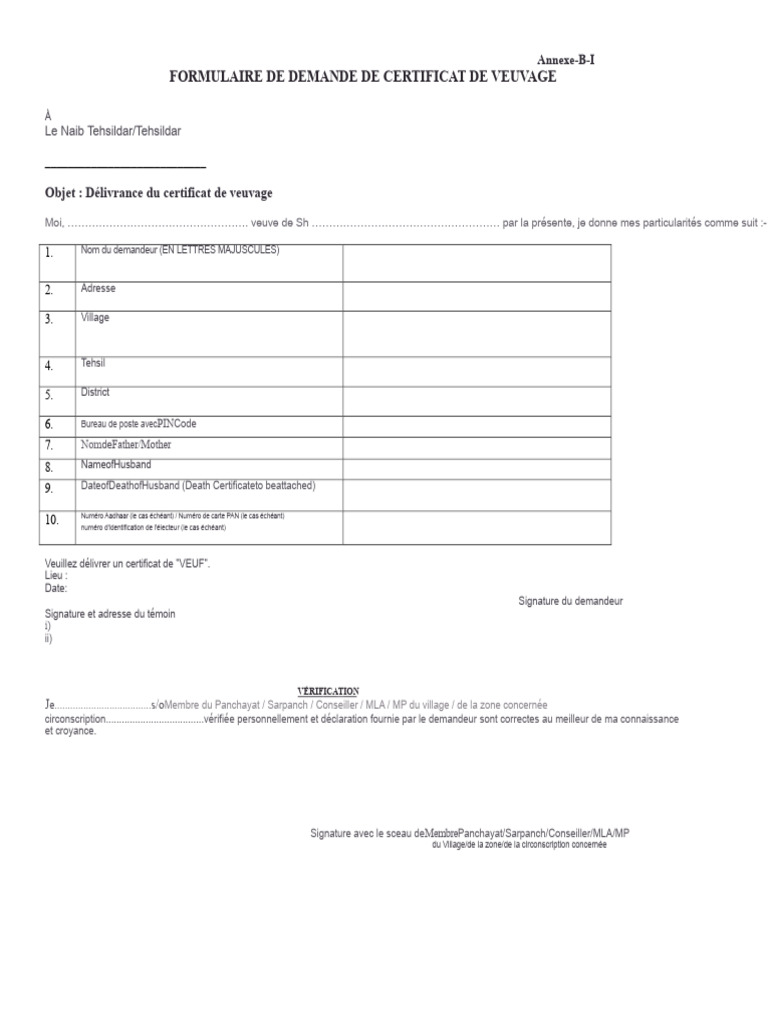Demande de certificat de veuvage | PDF