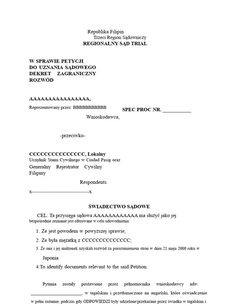 Oświadczenie Sądowe AAAA W Sprawie Zagranicznego Rozwodu | PDF