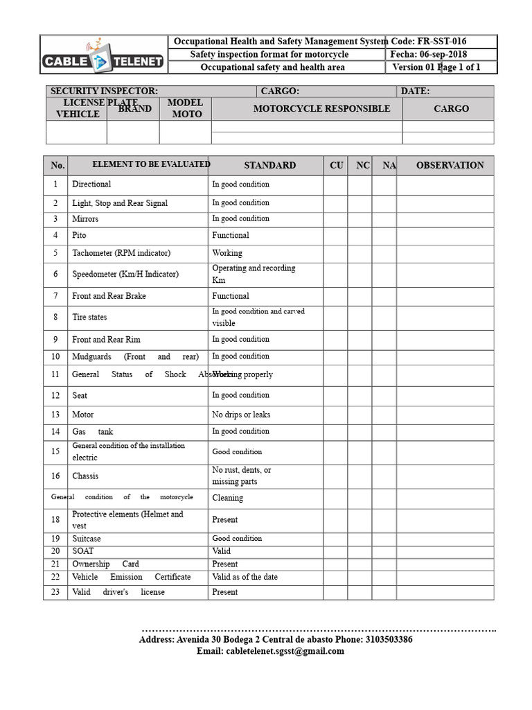 Motorcycle Safety Inspection Checklist | PDF | Motorcycle | Vehicles