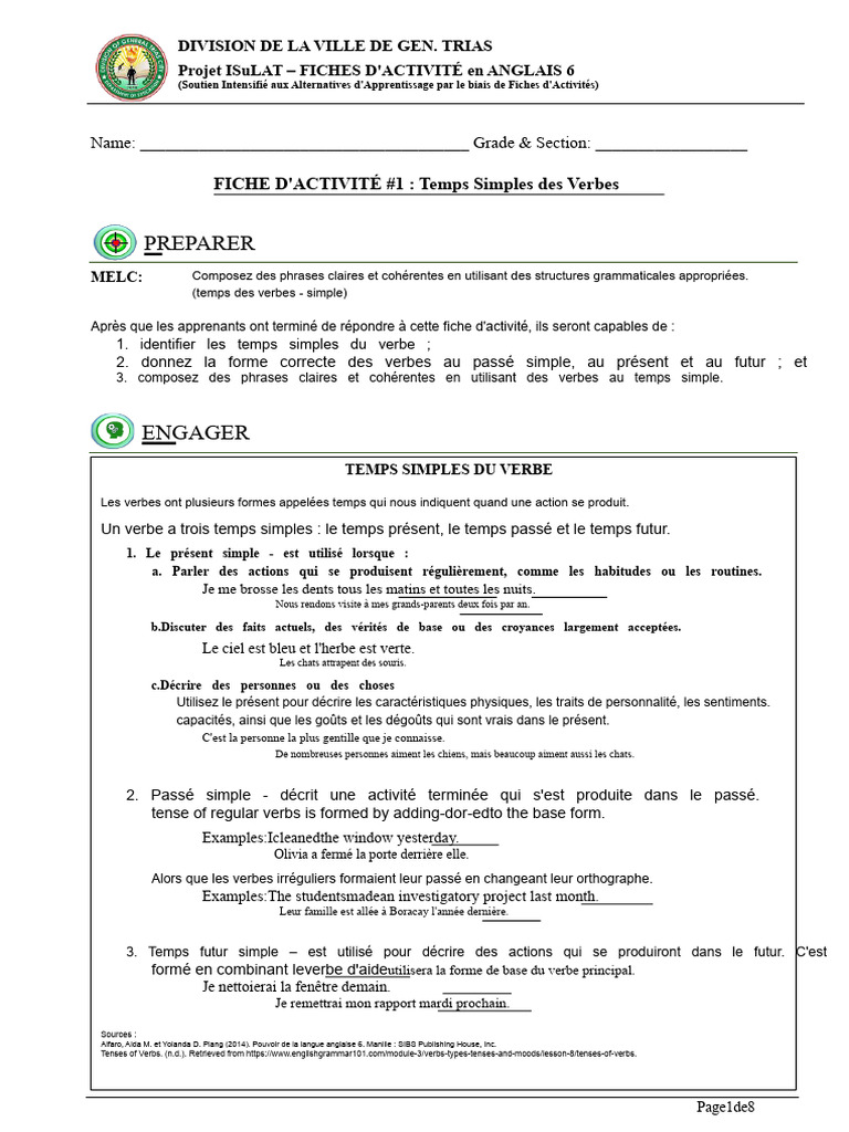 Fiches d'Activité : Temps des Verbes en Anglais | PDF | Verbe | Phrase