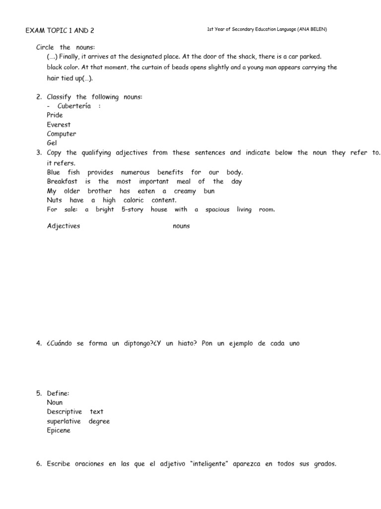 Exam Topic 1 and 2 1st Year of ESO Language | PDF