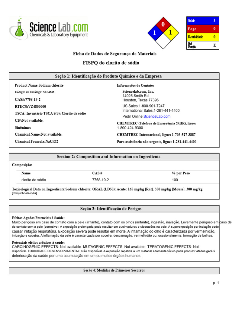 FISPQ do Clorito de Sódio: Segurança e Manuseio | PDF | Toxicidade | Olho